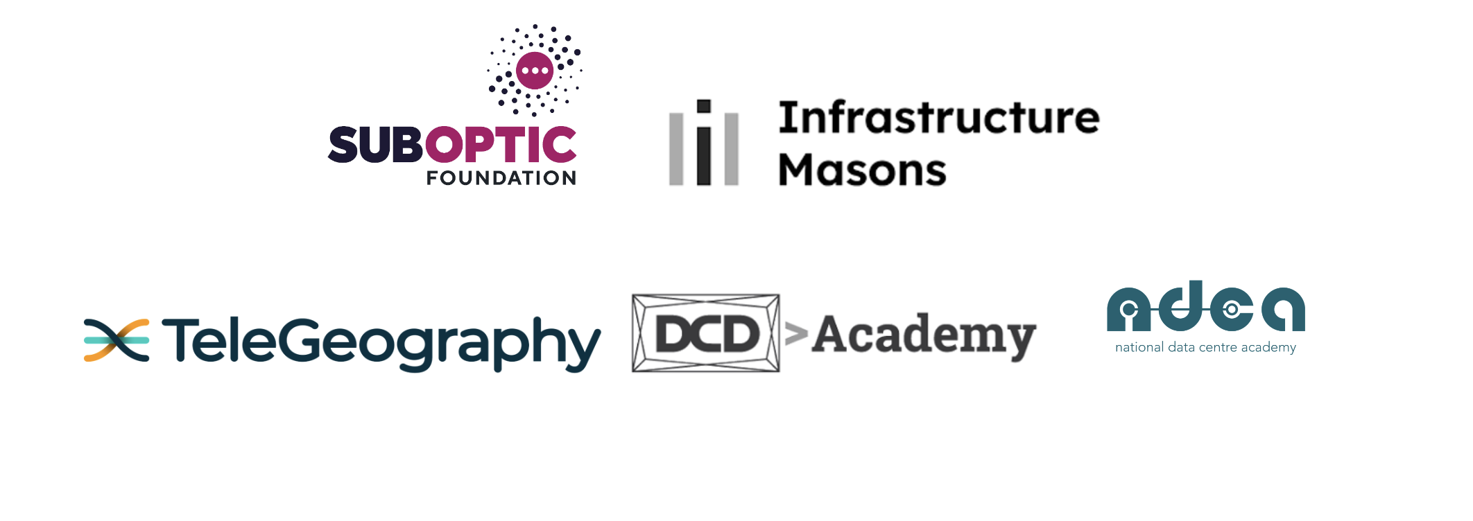 Logos for Suboptic, Infrastructure Masons, TeleGeography, CDC Academy, National Data Center Academy.